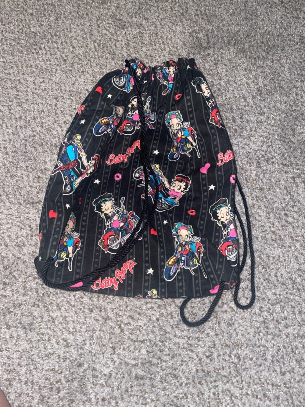 Betty Boop Black Drawstring Backpack with Multicolor Motifs